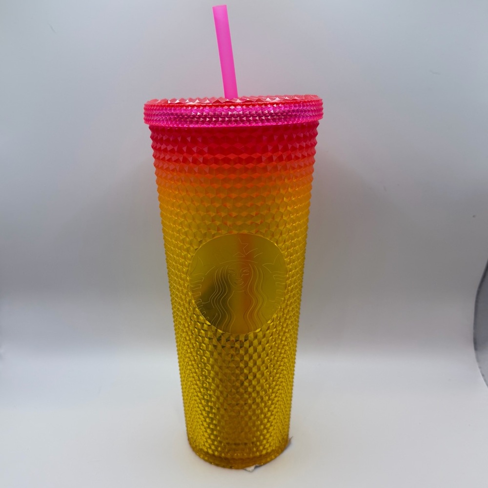New Korea Starbucks Pink Yellow Gradient Sunset Studded Ombré Cold Cup Straw